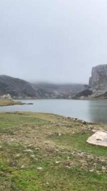 Ercina Gölü sisli panoramik manzara. Picos de Europa Ulusal Parkı. Asturyalar. Dikey video.