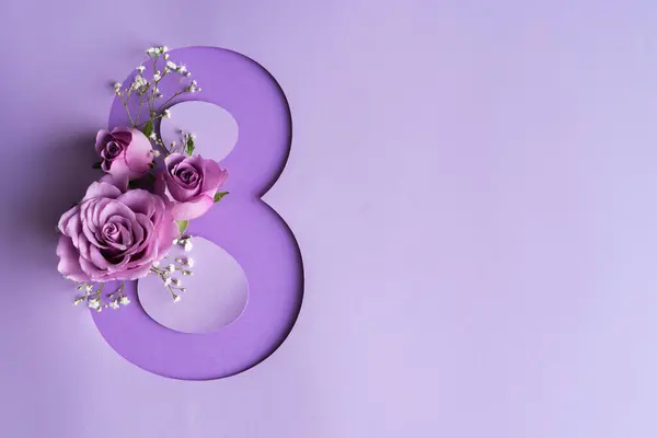 Violet roses with number 8. International Women\'s Day. Violet background.