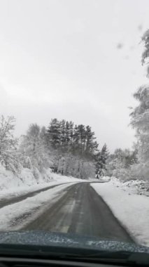 Arkasında ağaçlar olan karlı bir yol. Yol boş ve gökyüzü bulutlu.