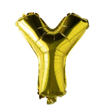 Üzerinde Y harfi olan büyük altın bir balon. Balon sarı ve parlak metalik bir görünüşü var.