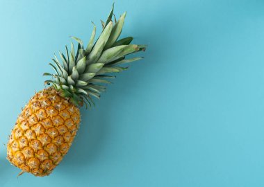 Mavi arka planda bir ananas var. Ananas görüntünün ana odak noktasıdır. Mavi arka plan sakin ve huzurlu bir hava yaratır.