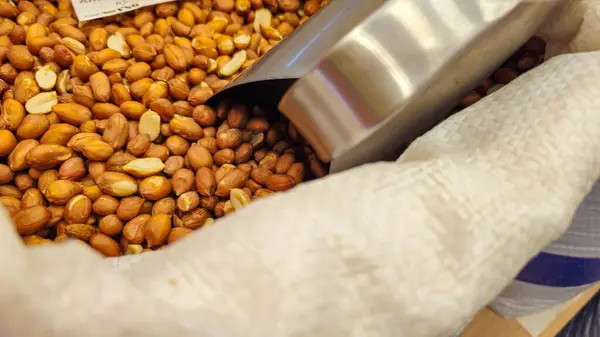 Kabuksuz çiğ fıstık ve alüminyum ölçü kabı. Patlamış mısır için fıstık. Lezzetli yiyecekler üretmek için besleyici yiyecekler..