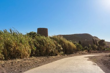 Oyun sahili, Rodalquilar, Almerya 'da eski kule ve patika sazlıklar ve bitki örtüsüyle çevrili.