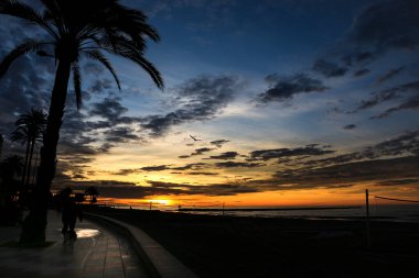 Santa Pola, Alicante, İspanya 'da sonbaharda gün doğumunda sahil kenarında gezinti