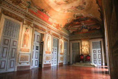 Mafra, Lisbon, Portugal- January 17, 2023: Ceiling art, furniture and wall decoration of the Beautiful Palace-Convent and Royal building of Mafra