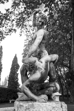 Queluz, Lisbon, Portugal- November 21, 2022: John Cheere sculpture called Cain and Abel of fountain of the garden of Queluz Palace