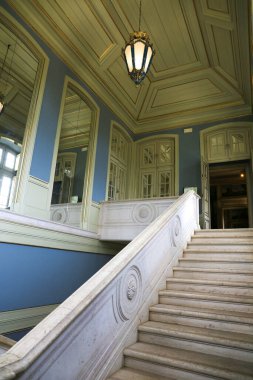 Queluz, Lisbon, Portugal- January 17, 2023: Ceiling art, furniture and wall decoration of the Beautiful National Palace of Queluz, Sintra