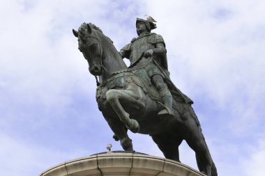 Lisbon, Portugal- October 21, 2022: Bronze equestrian statue of King Joao I at Figueira Square