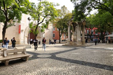 Lisbon, Portugal- November 6, 2022: 17th century fountain in an elegant square surrounded by Jacaranda trees and historic buildings
