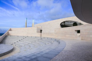 Lisbon, Portugal- October 21, 2022: Modern facade with beautiful design of Champalimaud Center for the Unknown in Lisbon