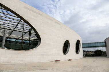 Lisbon, Portugal- October 21, 2022: Modern facade with beautiful design of Champalimaud Center for the Unknown in Lisbon