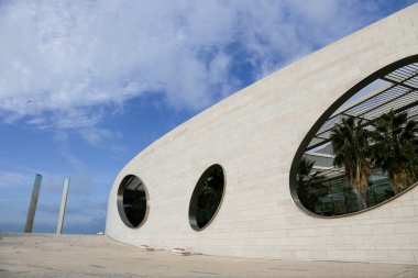 Lisbon, Portugal- October 21, 2022: Modern facade with beautiful design of Champalimaud Center for the Unknown in Lisbon