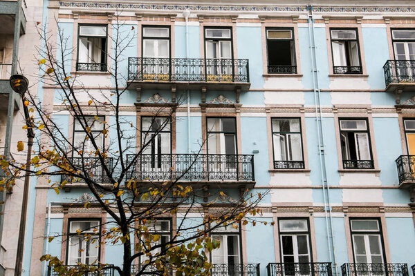 Majestic old houses with big windows and tiled facades