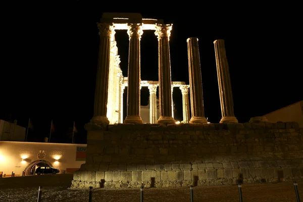 stock image Evora, Portugal- October 10, 2022: Colossal Temple of the goddess Diana in Evora town at night