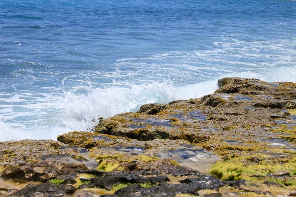 Wellen Krachen Bunte Felsen Mit Grünalgen Die Küste Spanien — Stockfoto