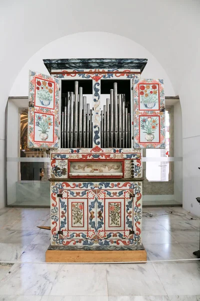 Evora Portugal Oktober 2022 Vintage Houten Orgel Tentoongesteld Het Heilig — Stockfoto