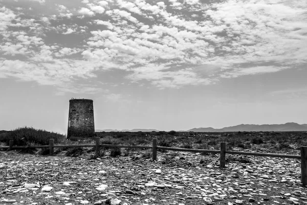 Wieża Torregard Plaży Otoczona Piaskiem Skałami Almerii Cabo Gata — Zdjęcie stockowe
