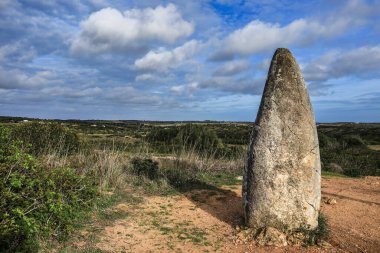 Güzel Menhir do Padrao Vila do Bispo, Portekiz 'de bitki örtüsüyle çevrili.