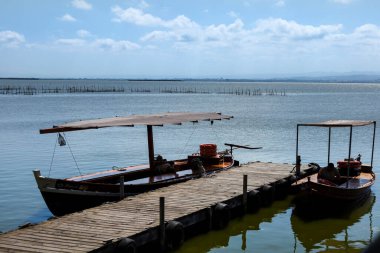 Valencia, İspanya 15 Ağustos 2023 Valencia, İspanya 'daki La Albufera lagününün rıhtımına demirlemiş geleneksel balıkçı tekneleri.