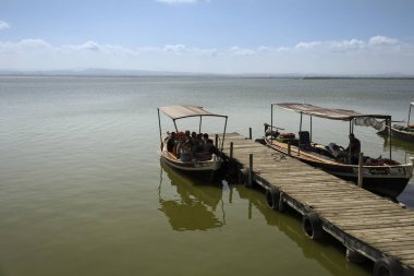 Valencia, İspanya 15 Ağustos 2023 Valencia, İspanya 'daki La Albufera lagününün rıhtımına demirlemiş geleneksel balıkçı tekneleri.