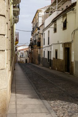 Caceres, Extremadura, İspanya - 23 Ekim 2023: Eski İspanya 'nın Caceres kentindeki tarihi taş evlerin kaldırımları ve cepheleri