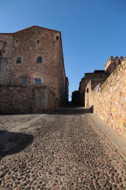 İspanya 'nın eski Caceres kasabasındaki tarihi taş evlerin kaldırımları ve cepheleri