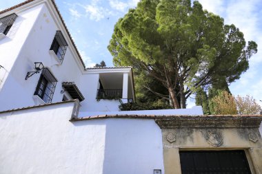 Dar kaldırım taşlı sokaklar ve Ronda City, Malaga, İspanya 'nın beyaz yüzlü cepheleri