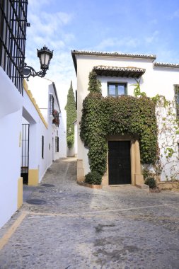 Dar kaldırım taşlı sokaklar ve Ronda City, Malaga, İspanya 'nın beyaz yüzlü cepheleri