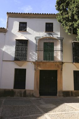 Dar kaldırım taşı caddesi ve Ronda şehrinin cepheleri, Malaga, İspanya