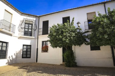 Dar kaldırım taşı caddesi ve Ronda şehrinin cepheleri, Malaga, İspanya