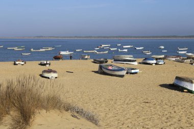 Sanlucar de Barrameda, Cadiz, İspanya - 21 Ekim 2023: Güneşli bir günde Sanlucar de Barrameda kasabasında Las Piletas sahilinde balıkçı tekneleri