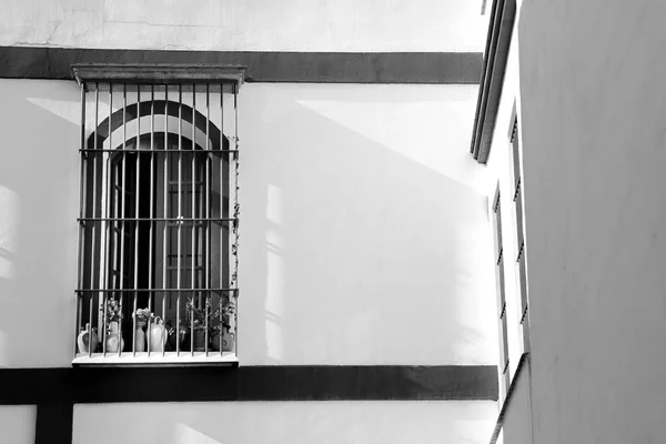 Typical andalusian house window with wrought iron grill in Sanlucar de Barrameda city, Cadiz, Spain