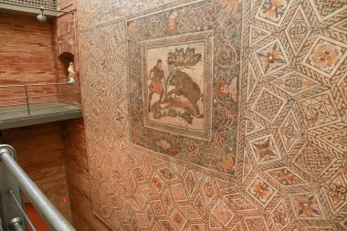 Merida, Extremadura, İspanya - 23 Ekim 2023: Merida kentindeki Ulusal Roma Sanat Müzesinde Mozaikler sergilendi