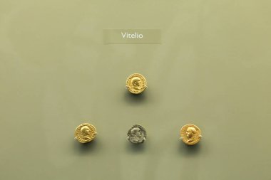 Merida, Extremadura, İspanya - 23 Ekim 2023: Merida şehrindeki Ulusal Roma Sanat Müzesi 'nde sergilenen farklı imparatorların altın, gümüş ve bronz sikkeleri