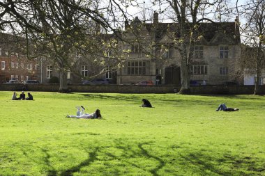 Salisbury, İngiltere - 29 Mart 2024: güneşli bir günde Salisbury Katedrali 'nin yanındaki güzel bahçe