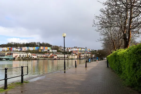 stock image Bristol, England- March 29, 2024: Beautiful views of The dock at Harbourside area on a rainy day in Bristol city