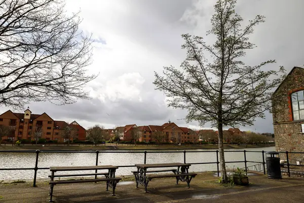 stock image Bristol, England- March 29, 2024: Beautiful views of The dock at Harbourside area on a rainy day in Bristol city