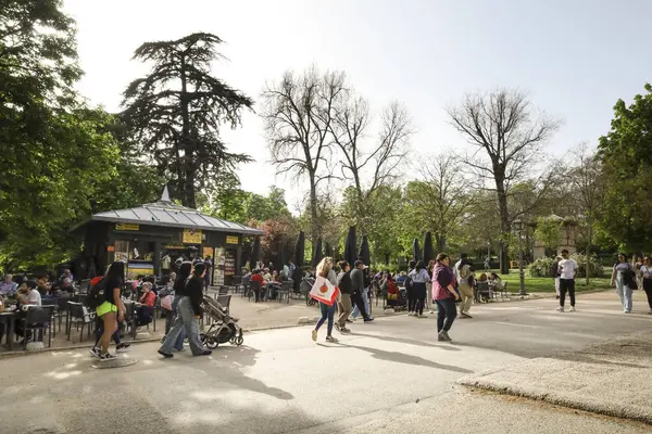 Madrid, İspanya - 8 Nisan 2024: Güneşli bir bahar gününde El Retiro Park 'ın güzel bahçelerinde dinlenen insanlar