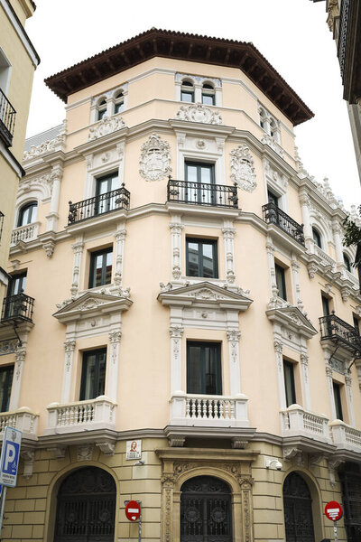 Madrid, Spain- April 8, 2024: Majestic buildings in Barrio de las Letras neighborhood in Madrid city center