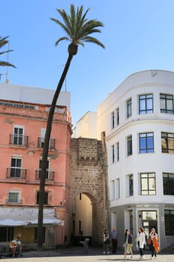 Cadiz, Endülüs, İspanya - 2 Ekim 2023: Cadiz şehrindeki Katedral Meydanı ve güzel cepheler