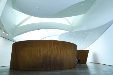 Bilbao, Bask Bölgesi, İspanya... 13 Ağustos 2023: Güneşli bir günde Bilbao şehrindeki Guggenheim Müzesi 'nin mimari detayları