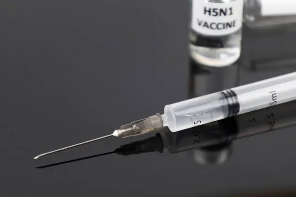 stock image Glass vials and syringe with covid H5N1 variant vaccine on black background