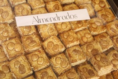 Murcia, Spain- August 9, 2024: Spanish almond cookies called Almendrados in a pastry shop in Murcia, Spain