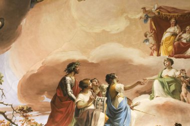 Aranjuez, Madrid, İspanya - 16 Ağustos 2024: Aranjuez Kraliyet Sarayı 'nda Zacarias Gonzalez Velazquez tarafından Kraliçe Elizabeth' in yatak odasının tavanında resimler