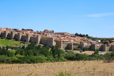 Güneşli bir günde Avila şehrinin panoramik manzarası ve kalesi