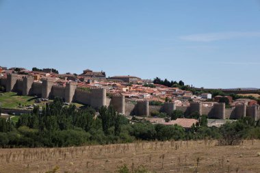 Güneşli bir günde Avila şehrinin panoramik manzarası ve kalesi
