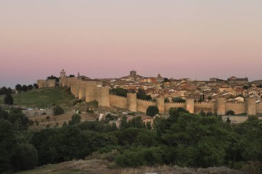 Öğleden sonra Avila şehrinin panoramik manzarası ve kalesi