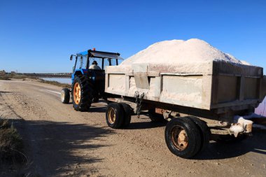 Santa Pola, Alicante, İspanya - 20 Ekim 2024: Salta Pola kasabasındaki Bonmati tuz fabrikasında tuz toplama ve işleme