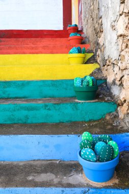 Stairs painted with rainbow flag colors and colorful pots with stone cacti clipart