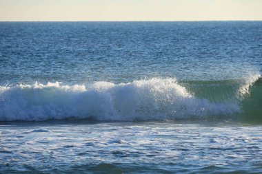 Güneşli bir günde sahilde dalgalar kopuyor.